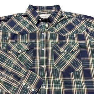 Bit & Bridle Shirt Mens XL Green Plaid Western Pearl Snap Long Sleeve Cowboy